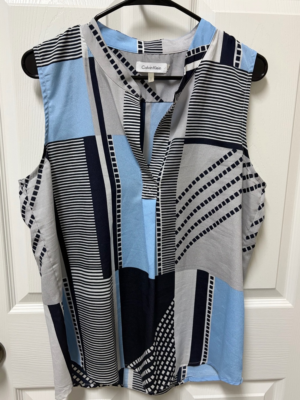 Calvin Klein Sleeveless Geo-Print V-Neck Camisole in Light Blue, Navy & Gray